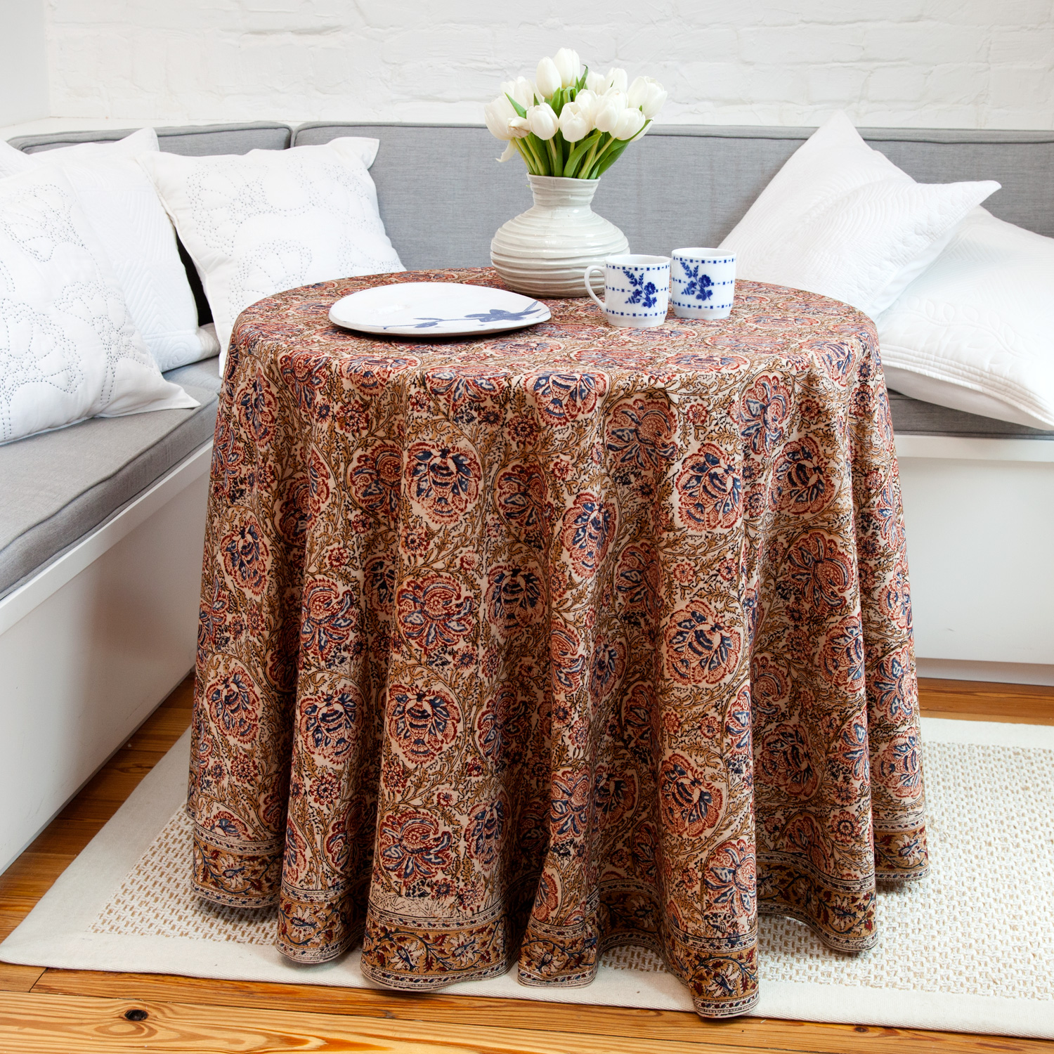 Indian Block Print Tablecloths, Indigo, Embroidered & Applique